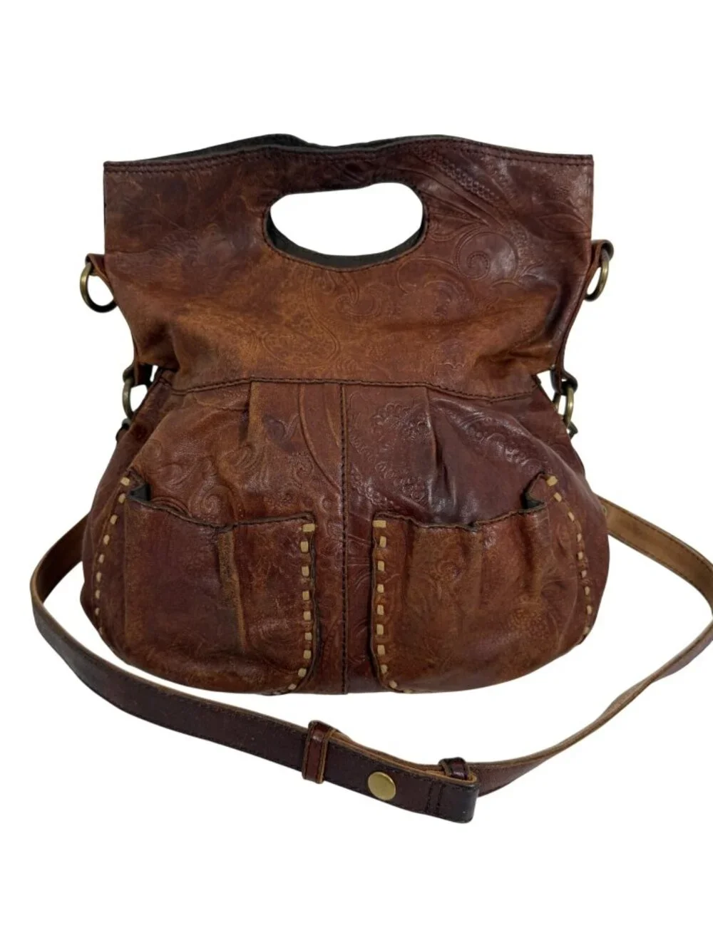 Vintage Lucky Brand Embossed Brown Lamb Leather Slouchy Shoulder Crossbody Bag